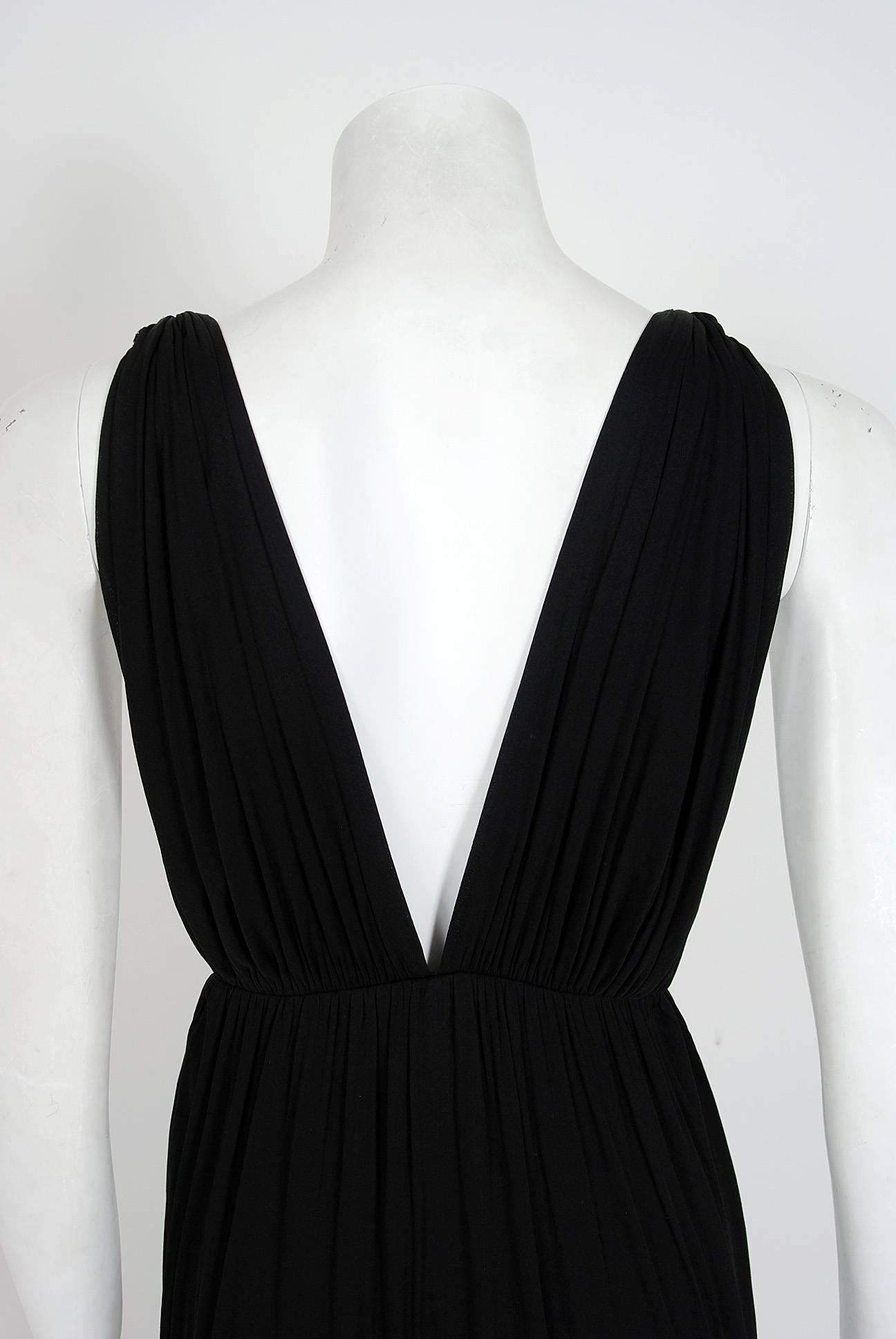 1977 Yves Saint Laurent Black Jersey Gold-Links Plunge Grecian Goddess Gown 2
