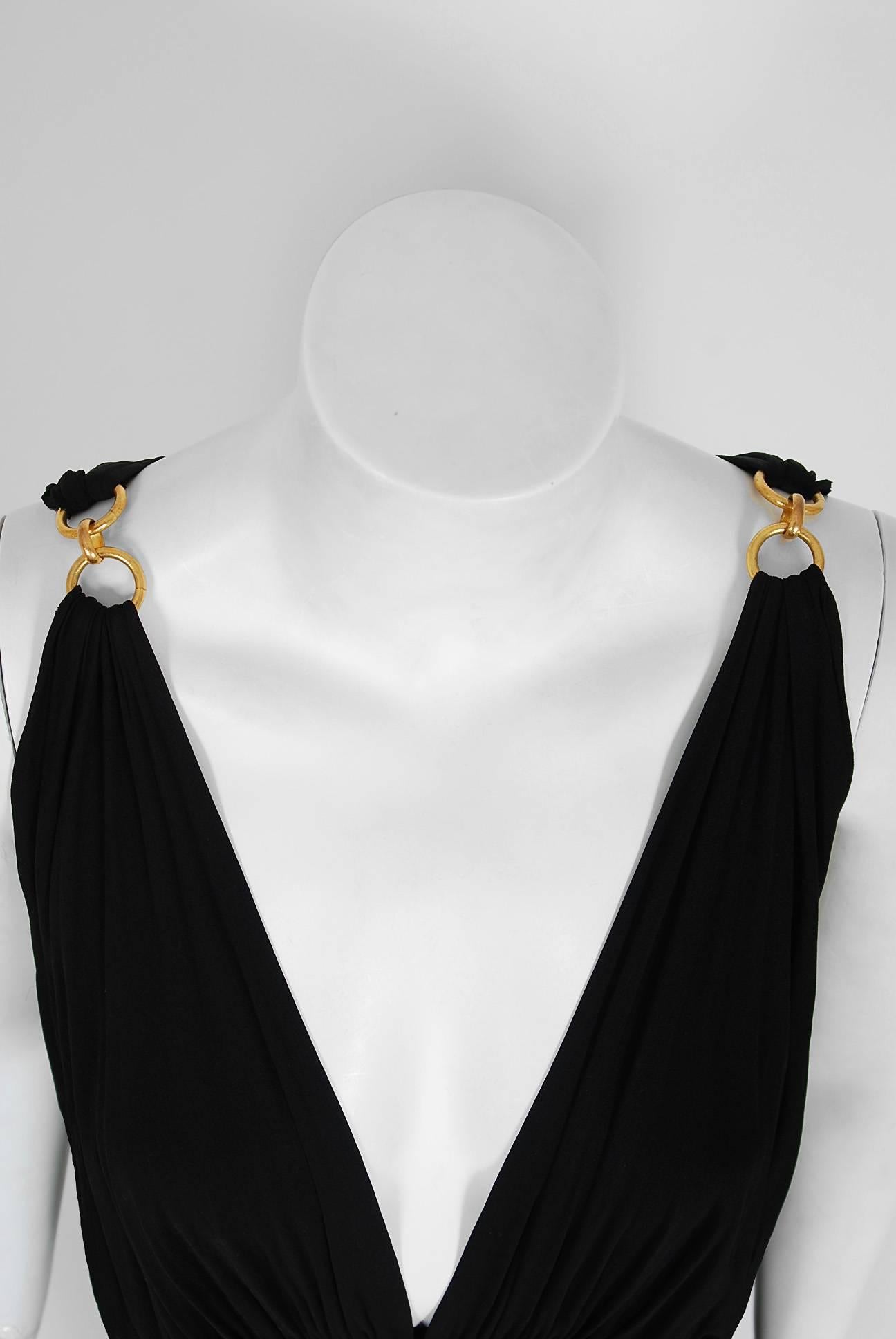 1977 Yves Saint Laurent Black Jersey Gold-Links Plunge Grecian Goddess Gown In Excellent Condition In Beverly Hills, CA