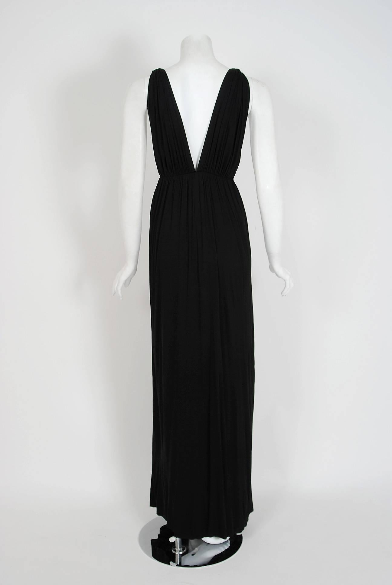 1977 Yves Saint Laurent Black Jersey Gold-Links Plunge Grecian Goddess Gown 1