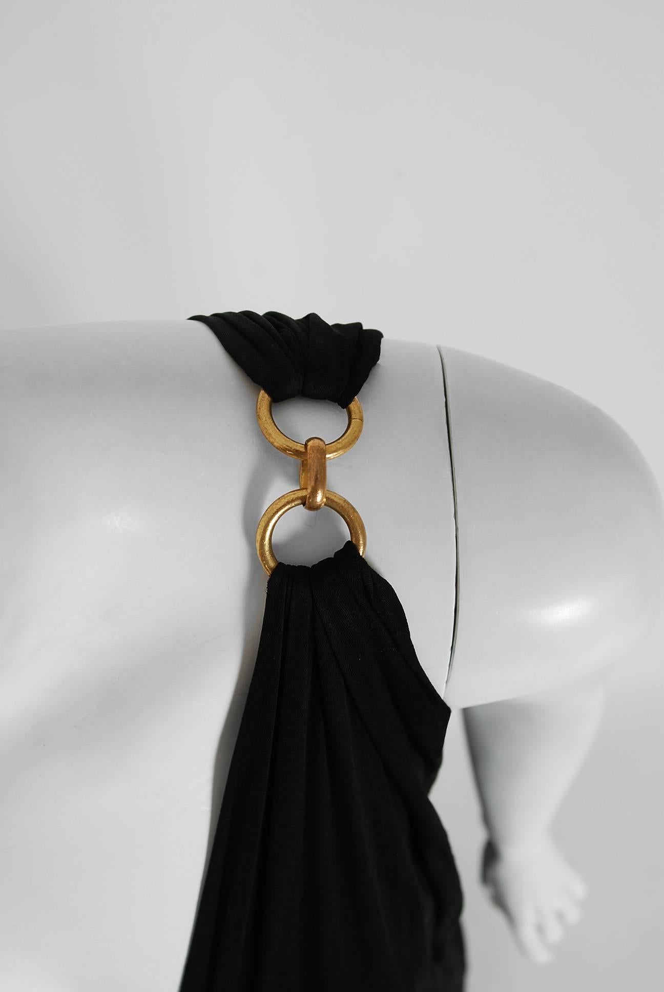Women's 1977 Yves Saint Laurent Black Jersey Gold-Links Plunge Grecian Goddess Gown