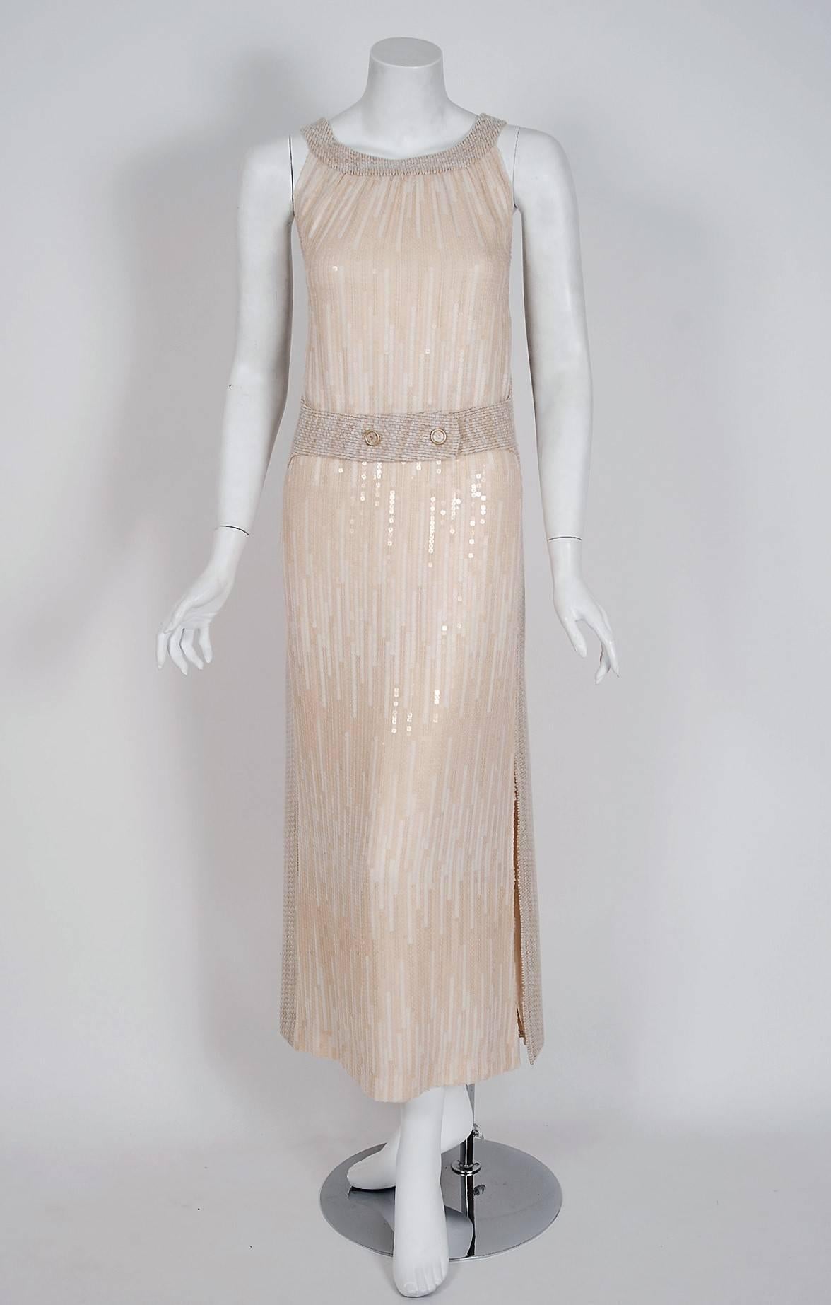 Chanel is known to be one of the most luxurious and decadent fashion houses in the world. This breathtaking beige and ivory sequin gown debuted on the catwalk of Paris Fashion Week 1991 and is a perfect example of why this iconic brand has stood the
