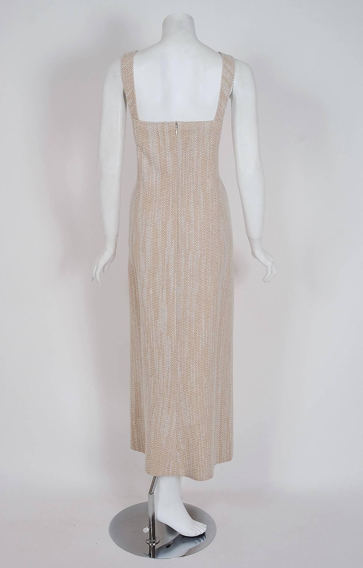 1991 Chanel Beige & Ivory Sequin Textured Wool Sleeveless Dress Gown & Shawl 3