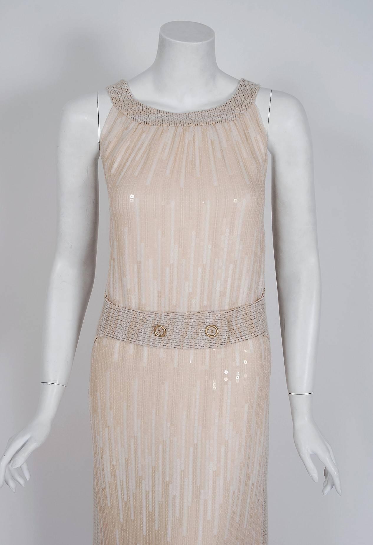 1991 Chanel Beige & Ivory Sequin Textured Wool Sleeveless Dress Gown & Shawl In Excellent Condition In Beverly Hills, CA