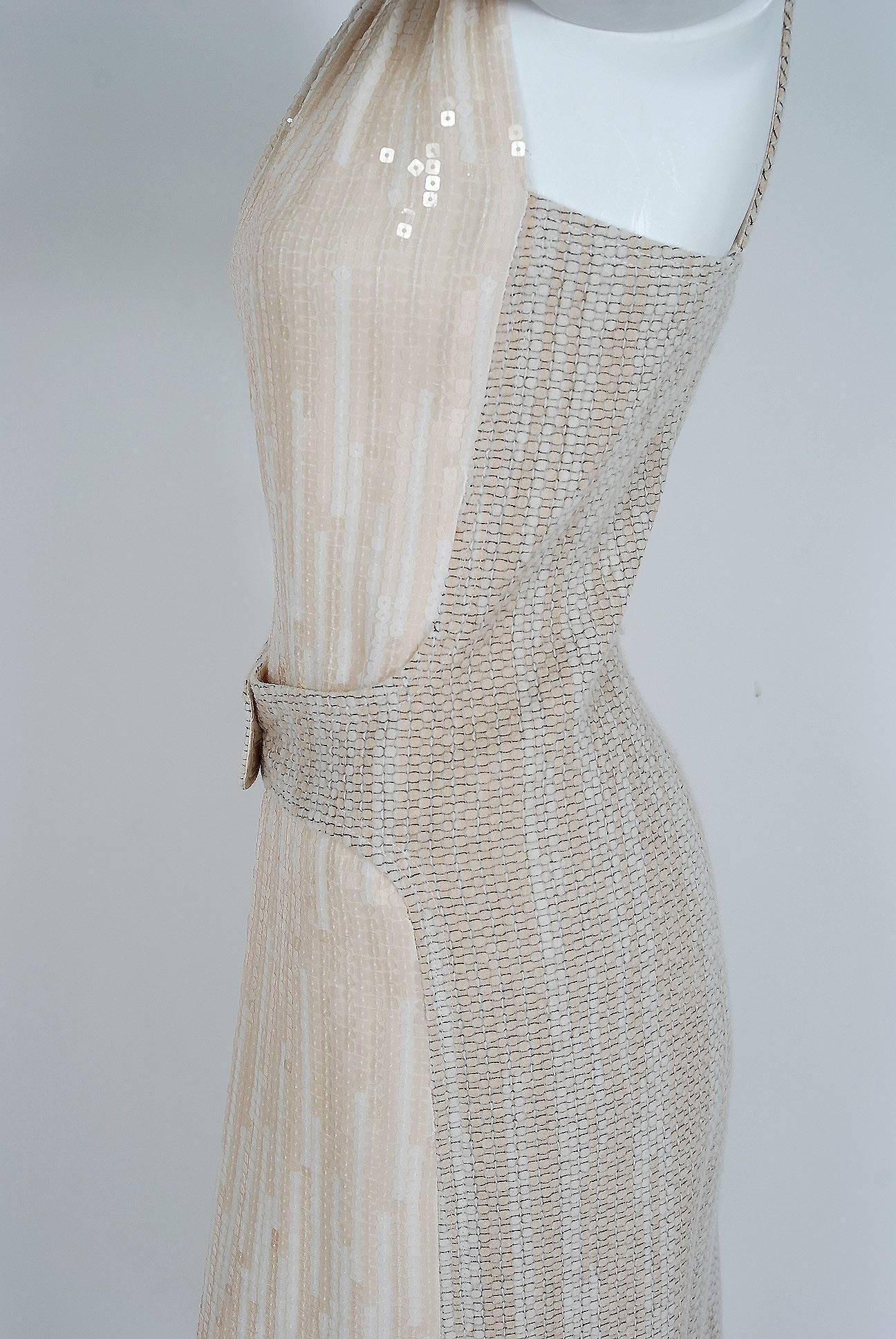 1991 Chanel Beige & Ivory Sequin Textured Wool Sleeveless Dress Gown & Shawl 2