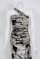 1979 Valentino Black & White Roses Floral Draped Silk One-Shoulder Trained Gown