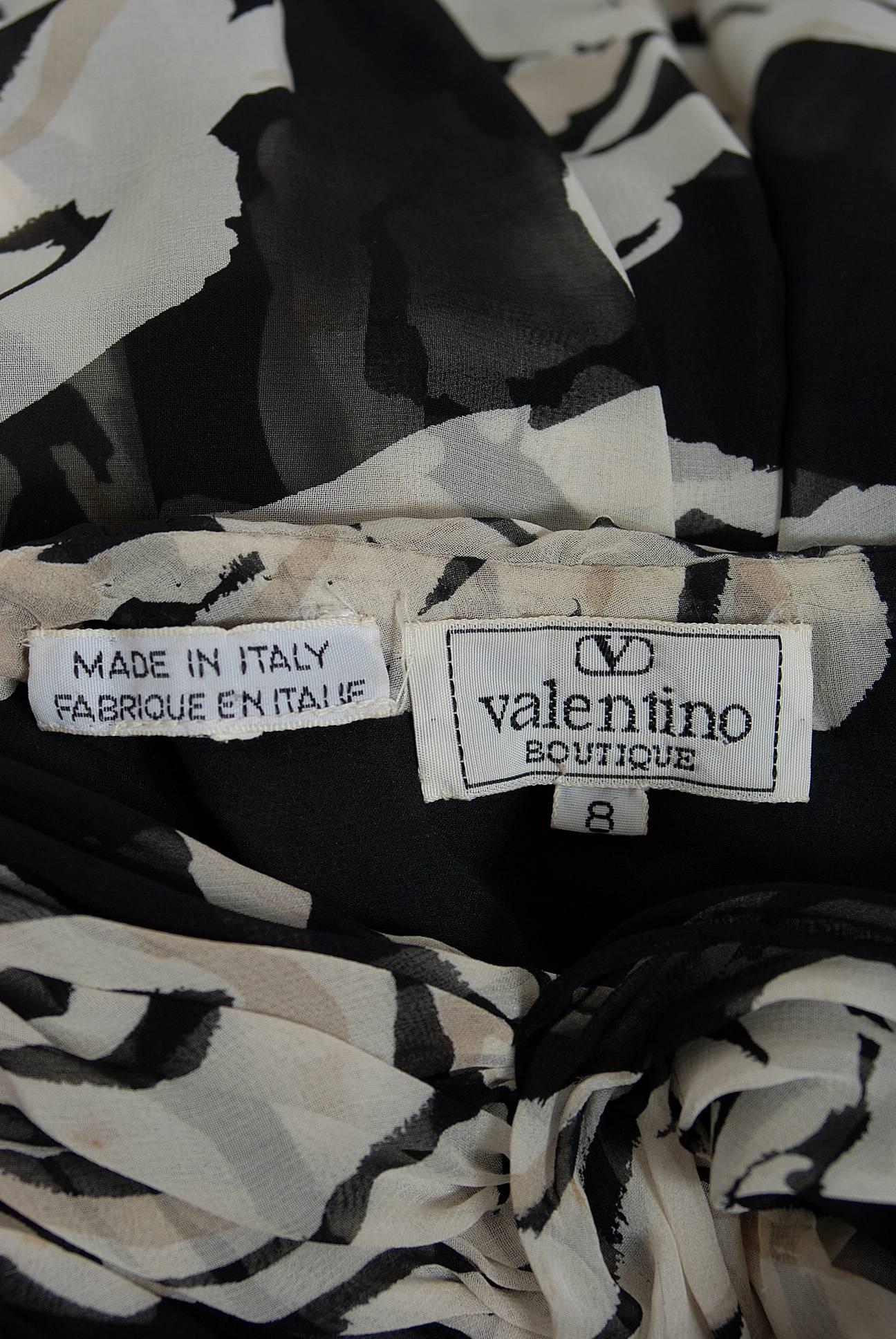 Women's 1979 Valentino Black & White Roses Floral Draped Silk One-Shoulder Trained Gown