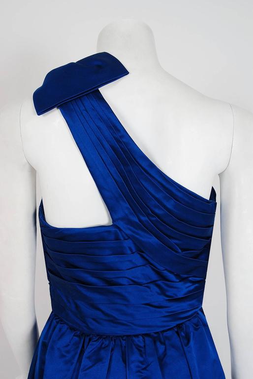 Women's Vintage 1960's Sapphire Blue Satin Asymmetric Pleated One-Shoulder Evening Gown For Sale