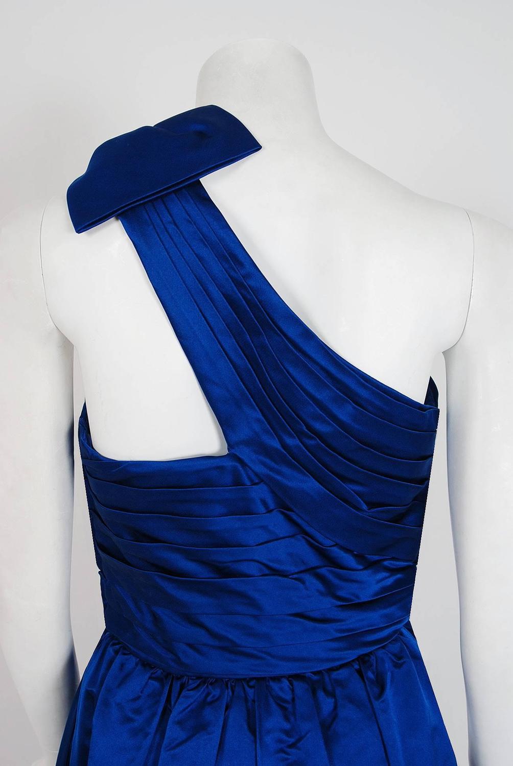 1950's Elegant Sapphire Blue Satin Pleated One-Shoulder Bow Evening ...
