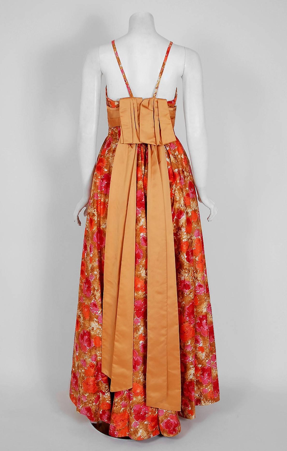 Women's Vintage 1950's Emma Domb Rose-Garden Floral Cotton & Satin Applique Sequin Gown