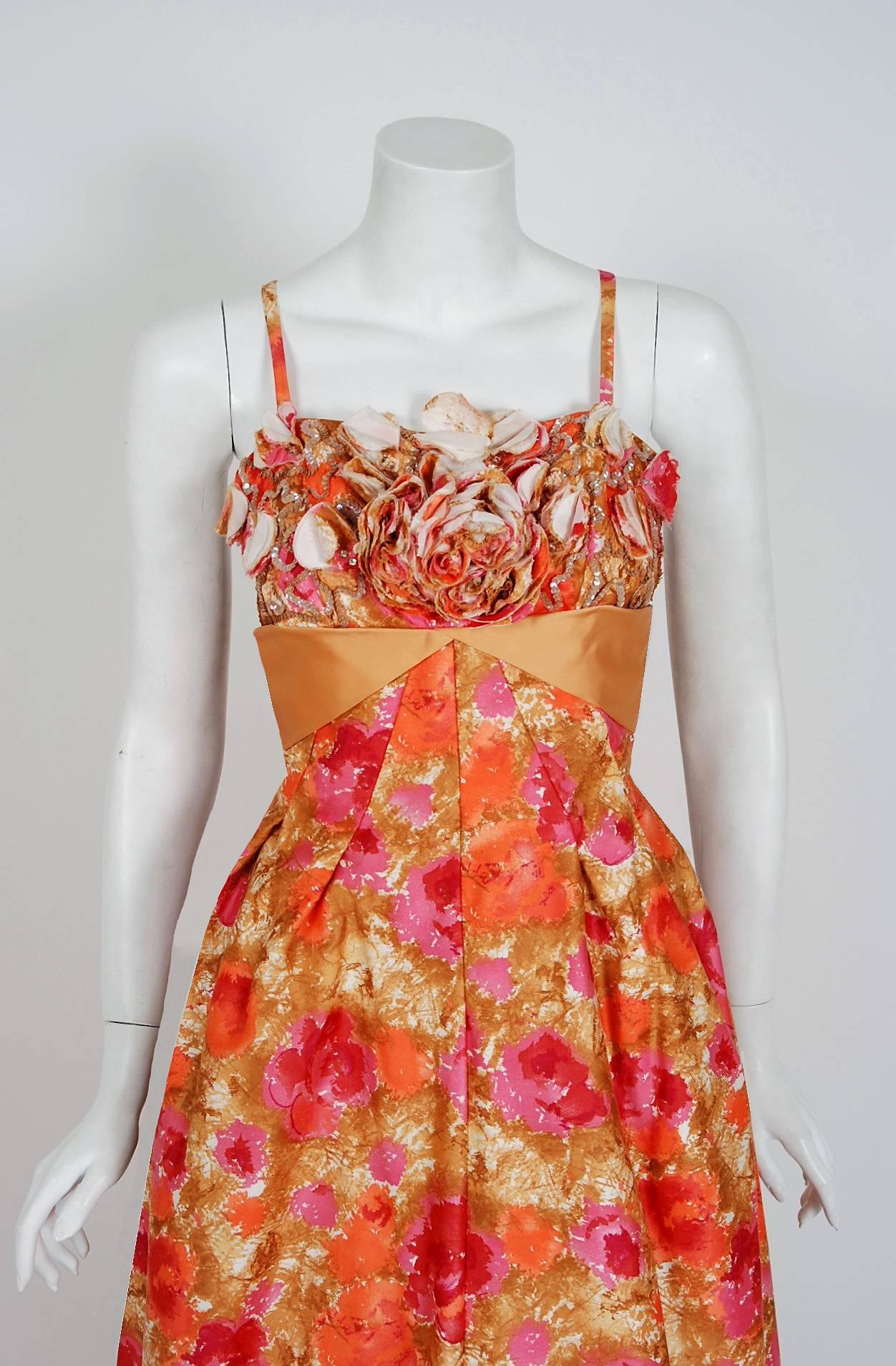 With its vivid rose-garden watercolor floral print and flawless 