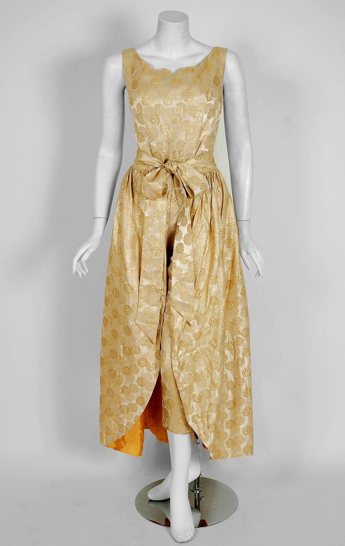 Beige 1950's Bullocks Wilshire Metallic-Gold Lame Silk Hourglass Jumpsuit & Skirt