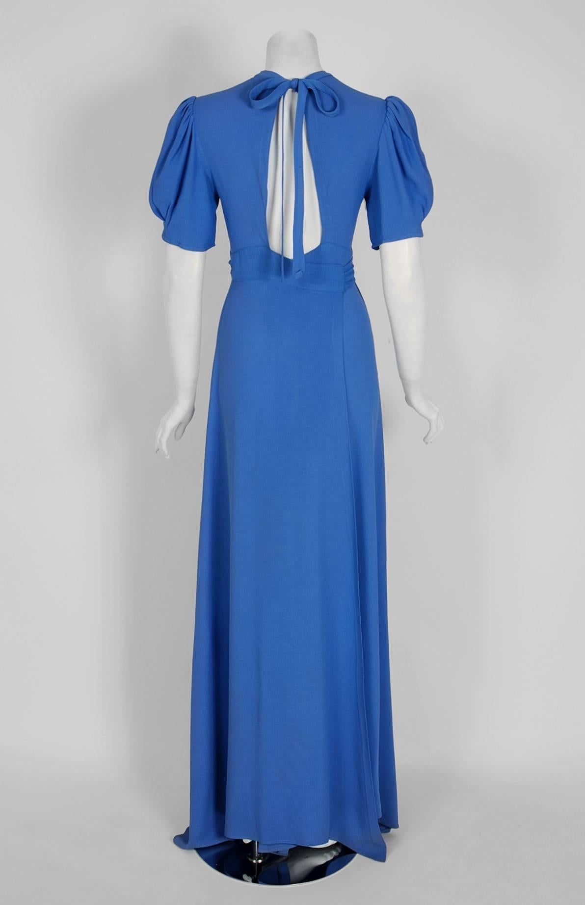 1970's Ossie Clark Periwinkle Moss-Crepe Puff Sleeve Plunge Maxi Wrap Dress In Excellent Condition In Beverly Hills, CA