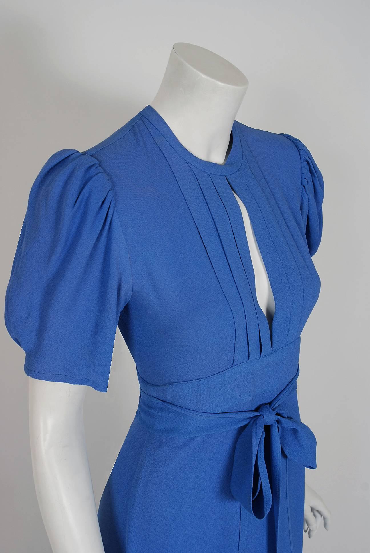 Blue 1970's Ossie Clark Periwinkle Moss-Crepe Puff Sleeve Plunge Maxi Wrap Dress