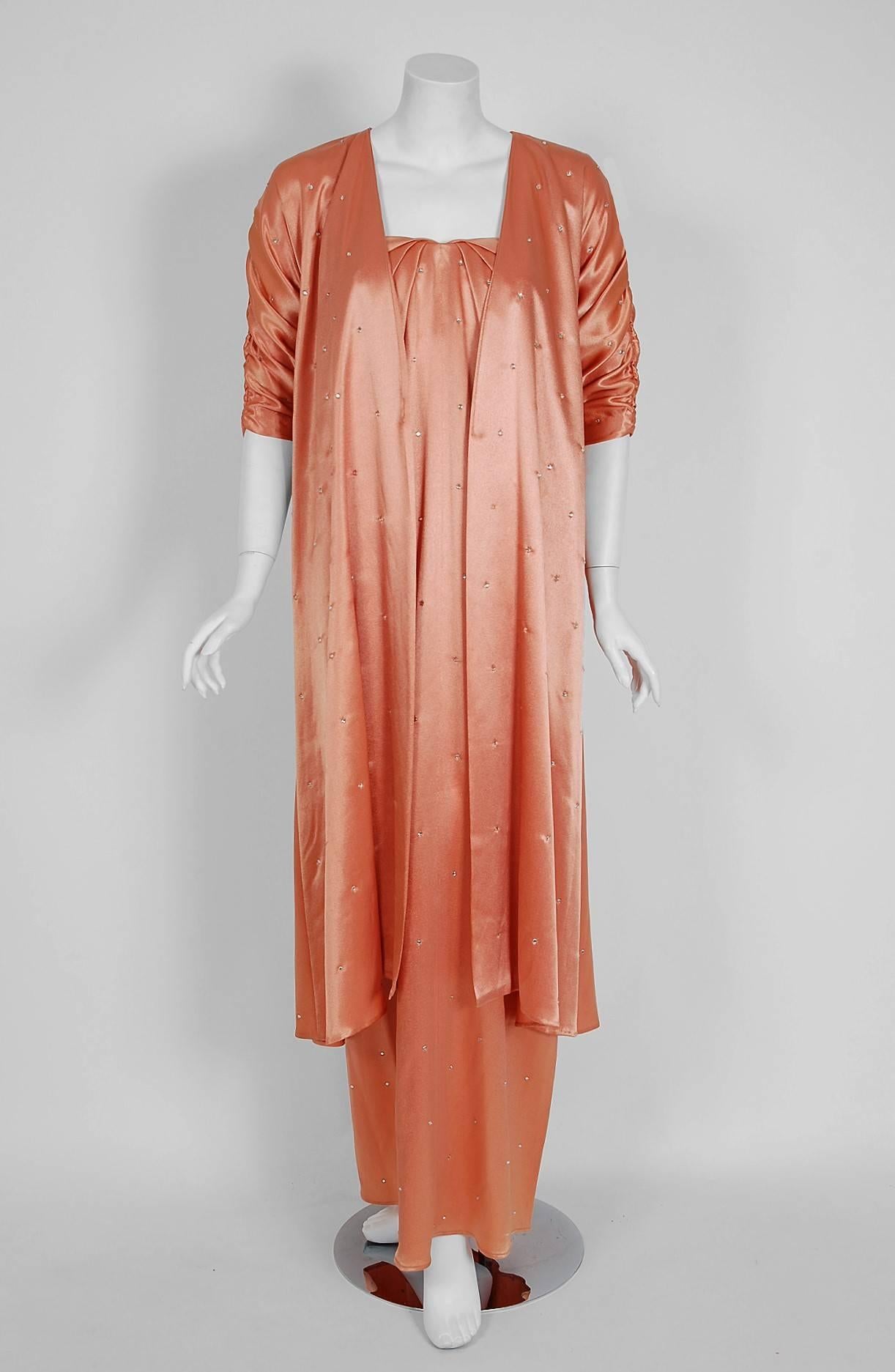 Orange 1970's Holly's Harp Rhinestone Peach Satin Strapless Gown & Ruched Jacket Set