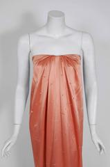 1970's Holly's Harp Rhinestone Peach Satin Strapless Gown & Ruched Jacket Set
