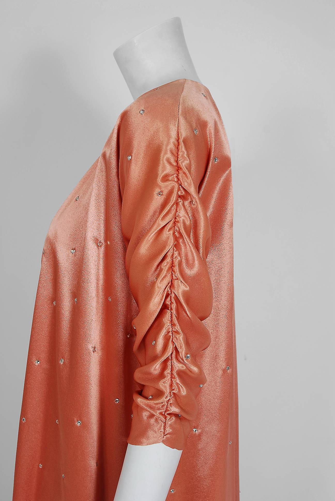 1970's Holly's Harp Rhinestone Peach Satin Strapless Gown & Ruched Jacket Set In Excellent Condition In Beverly Hills, CA