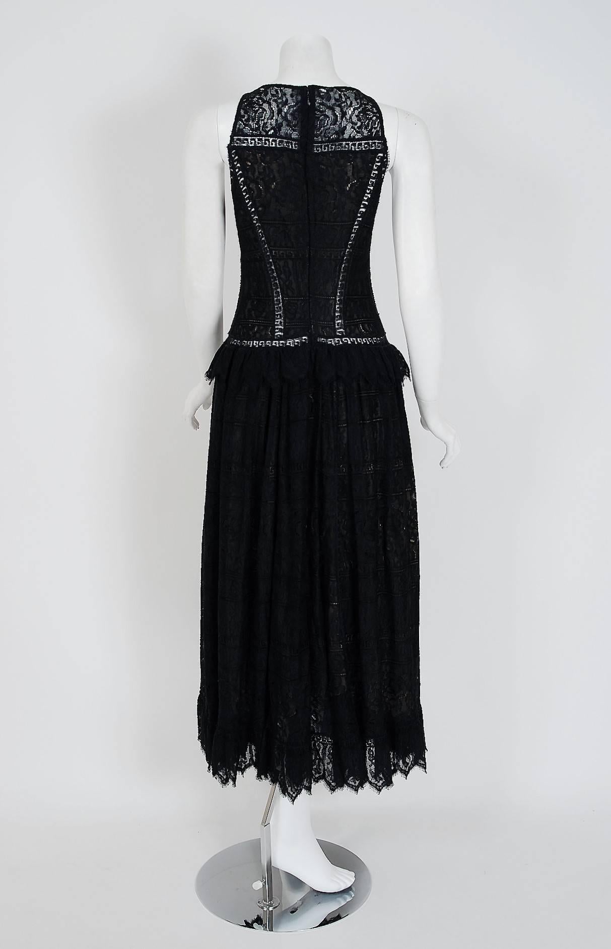 Women's 1970's Karl Lagerfeld for Chloe Black Grecian-Keys Sheer Illusion Lace Dress