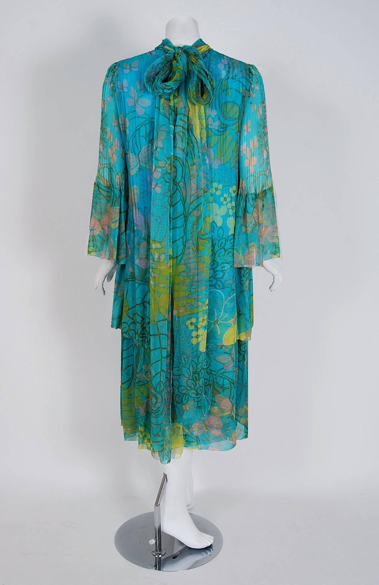 Women's 1968 Molyneux Haute-Couture Butterfly Floral Print Pleated Silk-Chiffon Dress