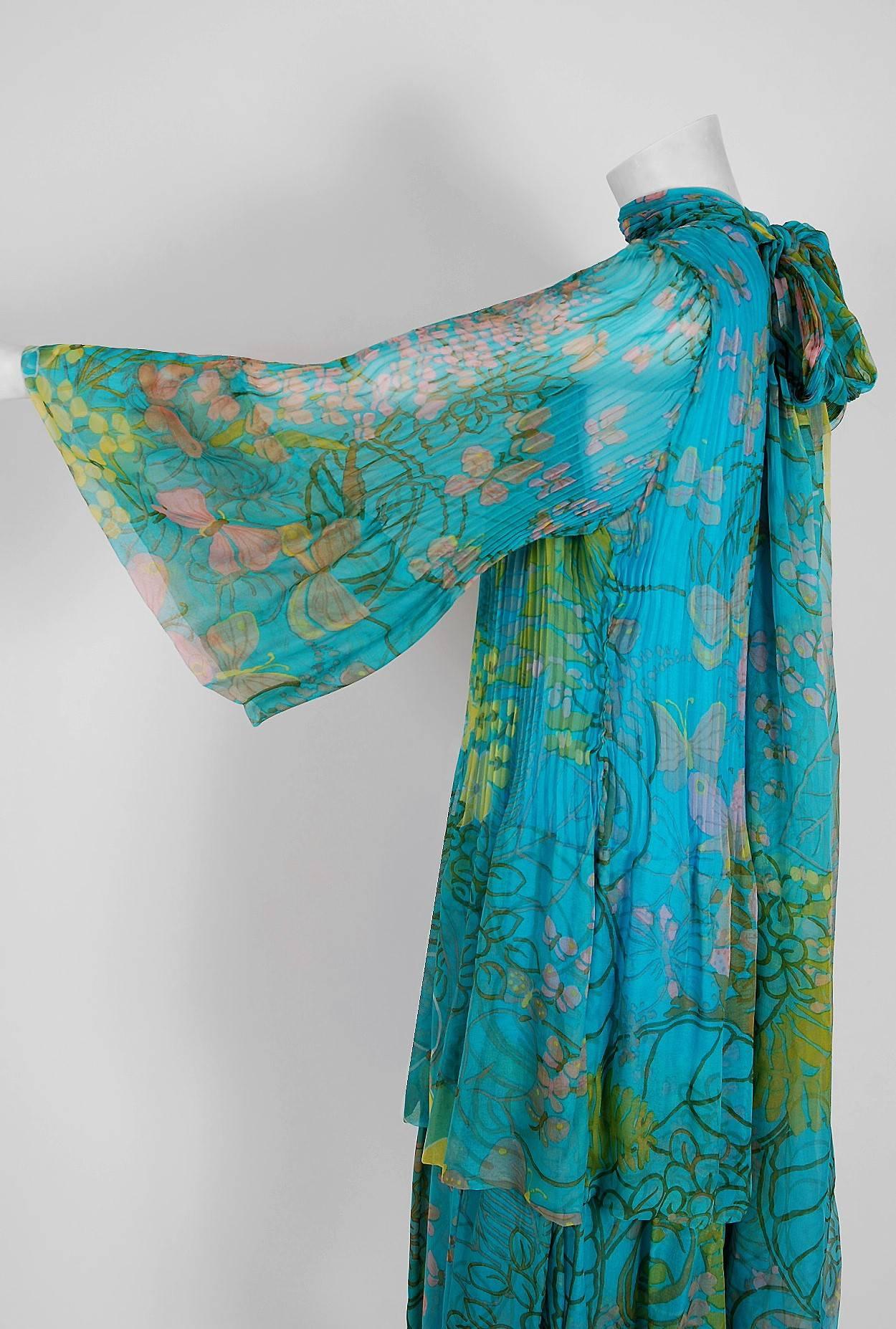 Blue 1968 Molyneux Haute-Couture Butterfly Floral Print Pleated Silk-Chiffon Dress