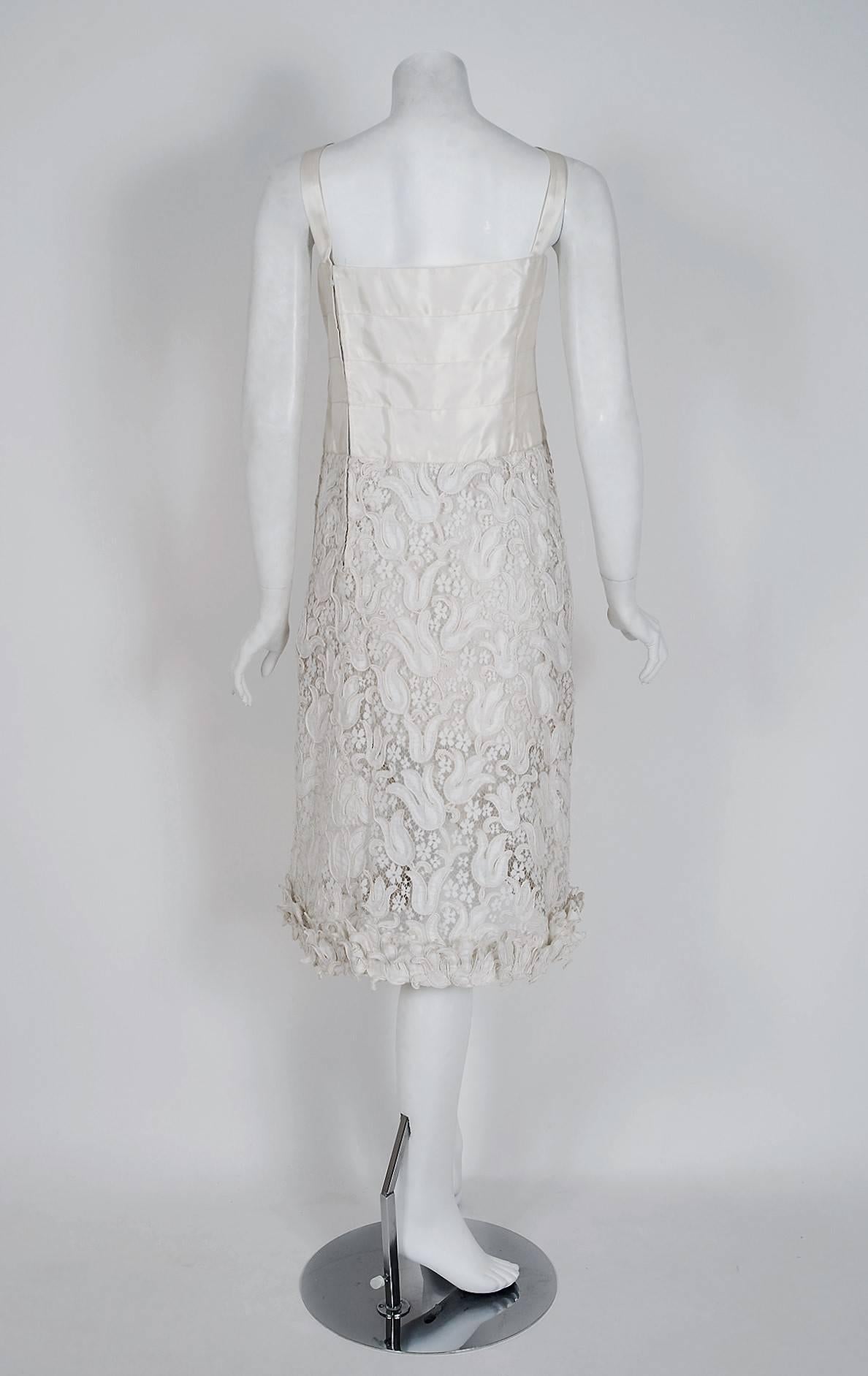 Vintage 1971 Chanel Haute Couture Documented White Floral Lace Silk Dress Set 1