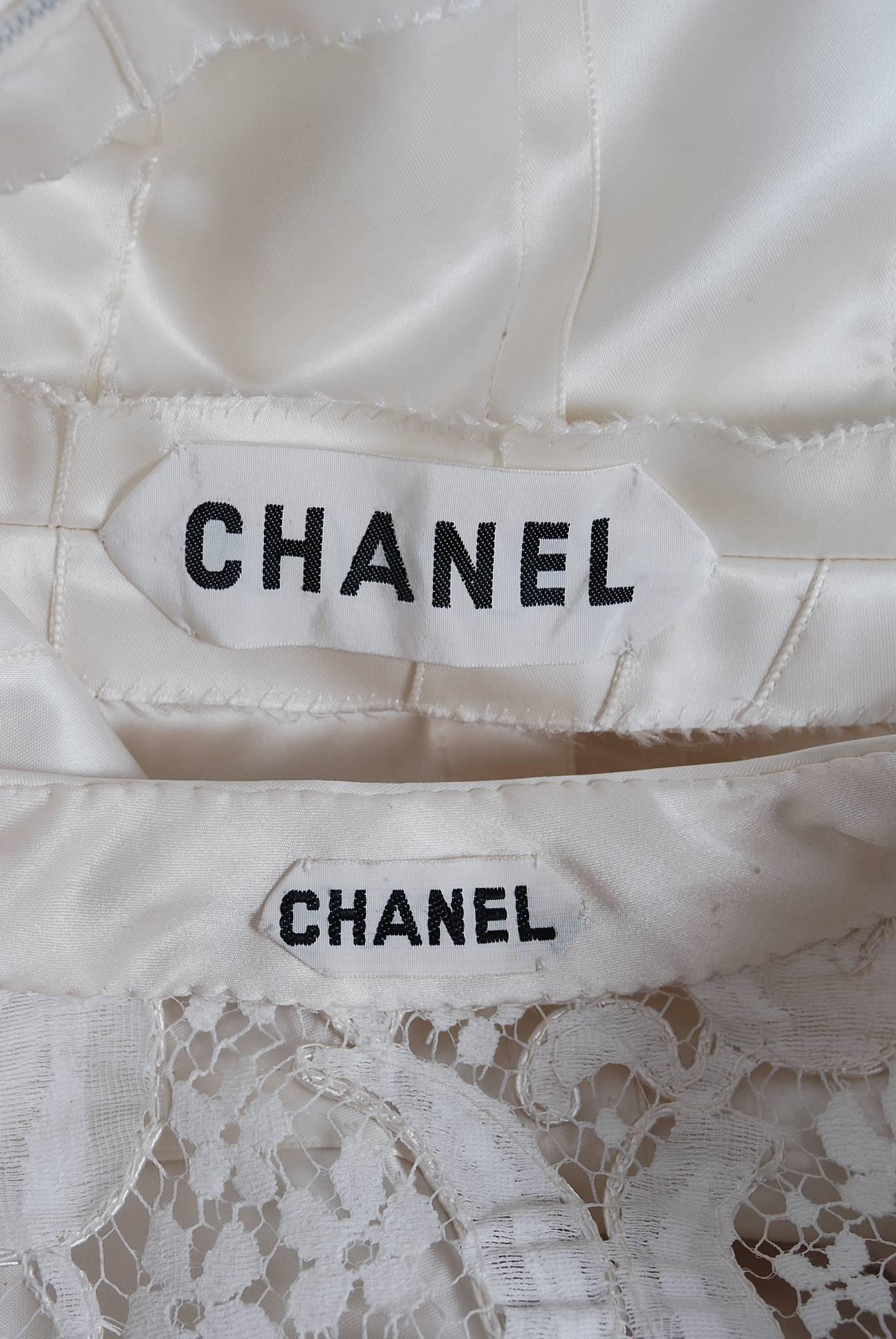 Vintage 1971 Chanel Haute Couture Documented White Floral Lace Silk Dress Set 2