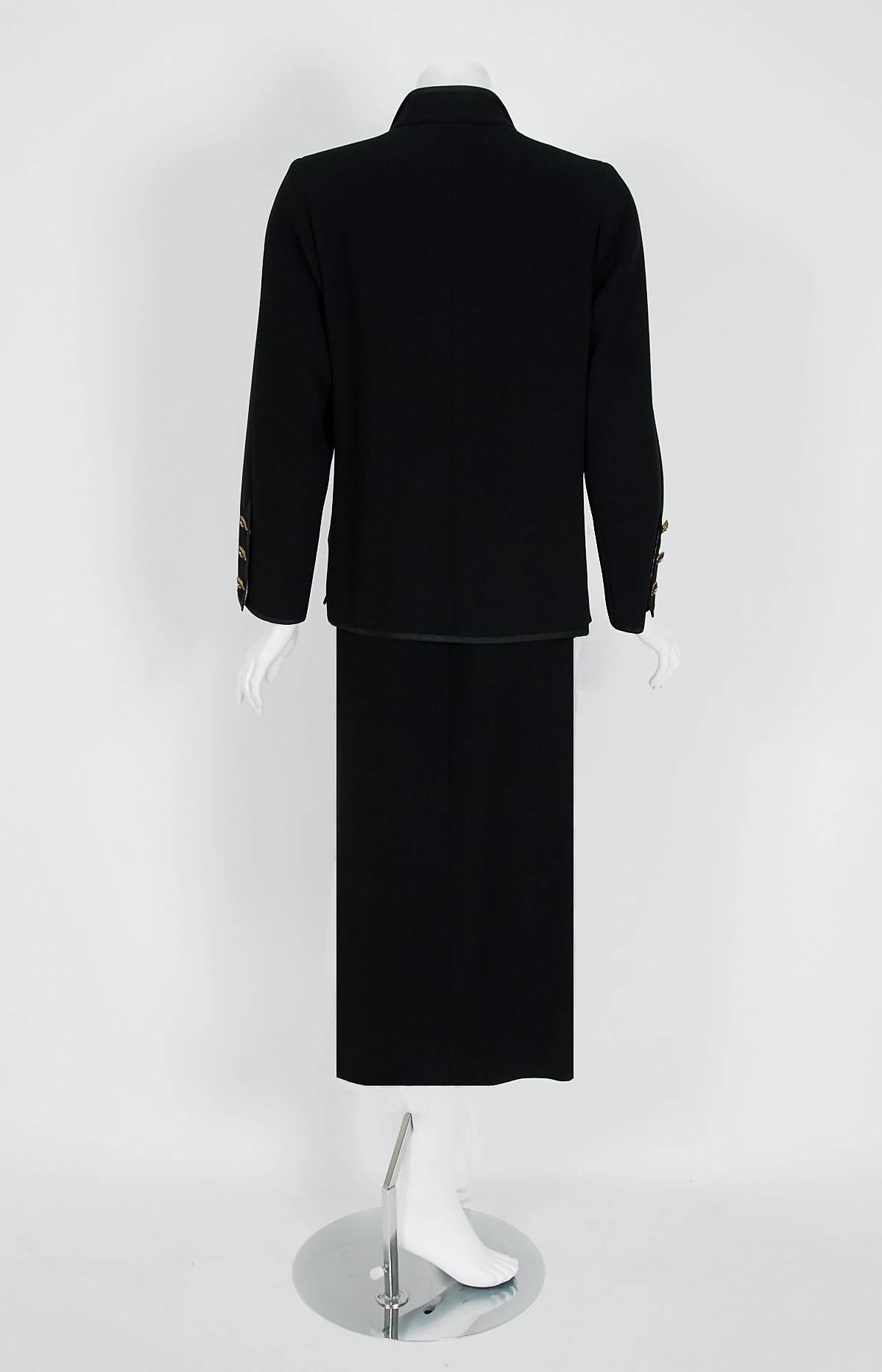 1968 Chanel Haute-Couture Black Silk-Faille Larger Size Skirt & Jacket Suit 1
