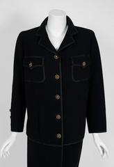 1968 Chanel Haute-Couture Black Silk-Faille Larger Size Skirt & Jacket Suit