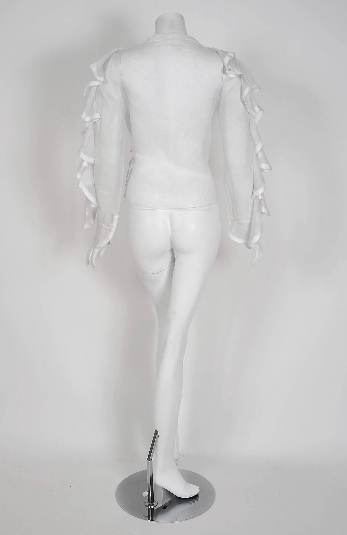 Gray 1968 Ossie Clark Documented White Organdy Flounced Ruffle Wrap Dress Blouse 