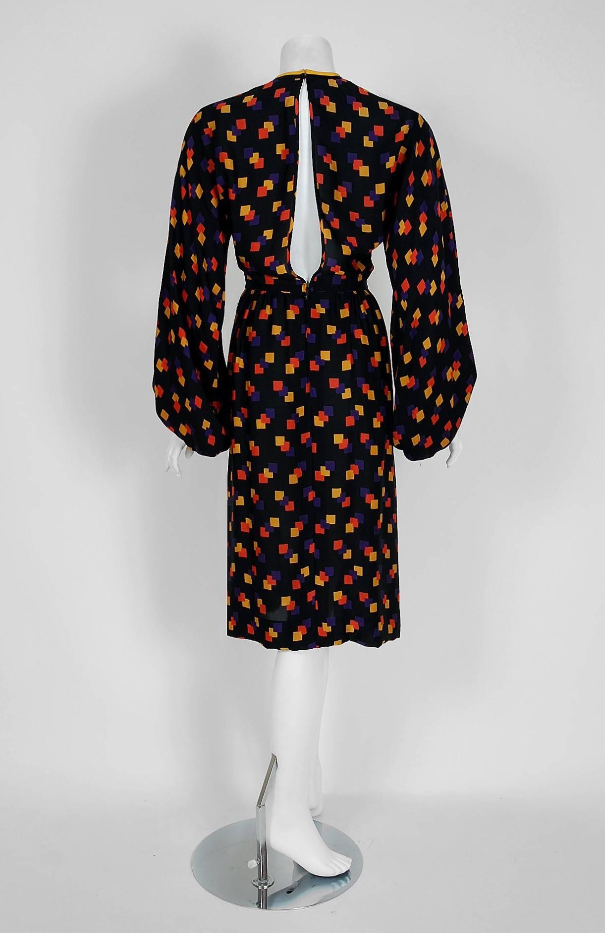 Black 1970's Galanos Colorful Graphic Deco Print Silk Billow-Sleeves Cocktail Dress