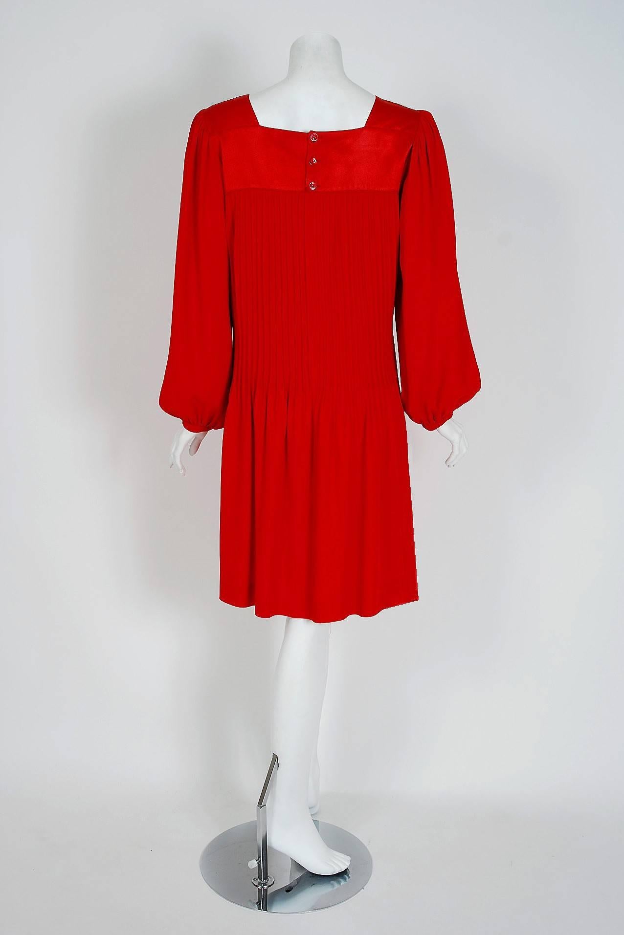 Women's 1970's Yves Saint Laurent Ruby-Red Pleated Crepe & Satin Billow-Sleeve Dress