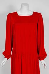 1970's Yves Saint Laurent Ruby-Red Pleated Crepe & Satin Billow-Sleeve Dress