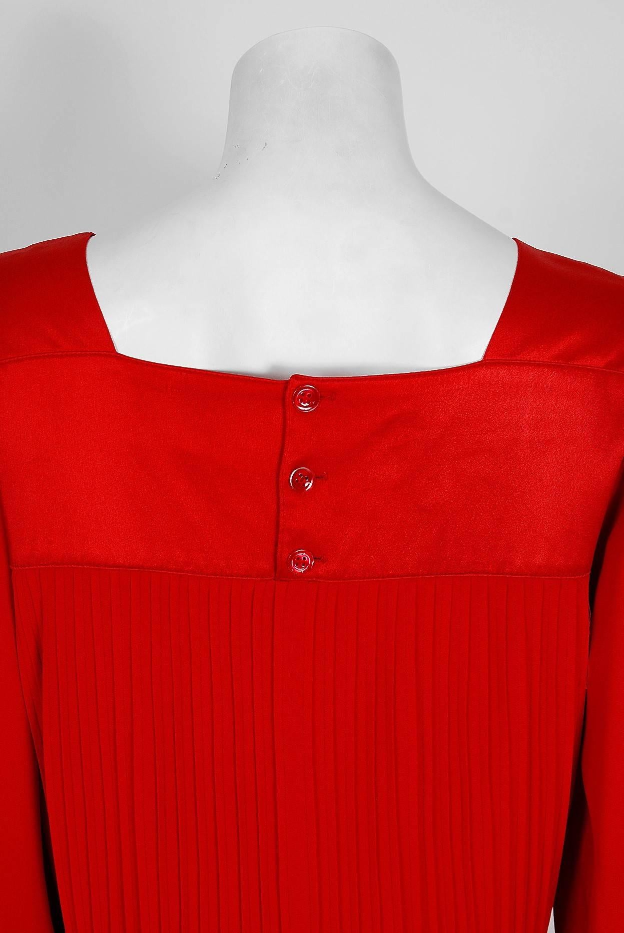 1970's Yves Saint Laurent Ruby-Red Pleated Crepe & Satin Billow-Sleeve Dress 1