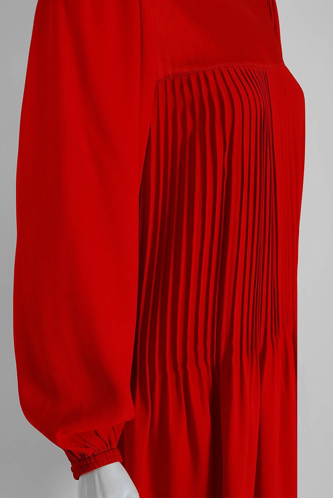 1970's Yves Saint Laurent Ruby-Red Pleated Crepe & Satin Billow-Sleeve Dress In Excellent Condition In Beverly Hills, CA