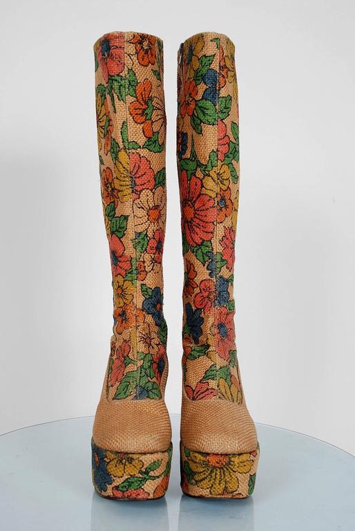 Colorful Floral Garden Print Barkcloth Knee-High Platform Hippie Boots, 1970s at 1stDibs 