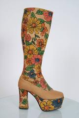 Colorful Floral Garden Print Barkcloth Knee-High Platform Hippie Boots, 1970s