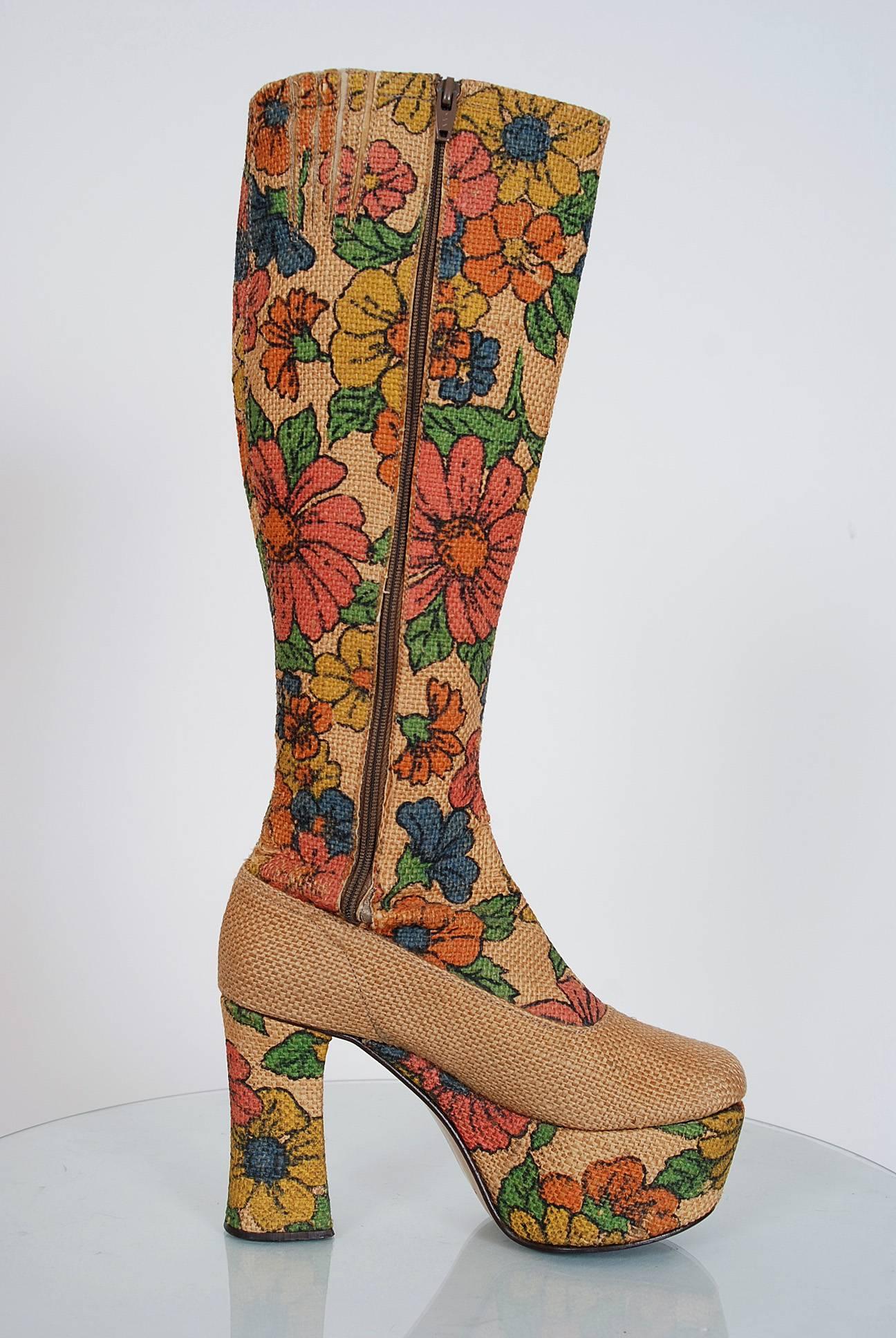 Brown Colorful Floral Garden Print Barkcloth Knee-High Platform Hippie Boots, 1970s 