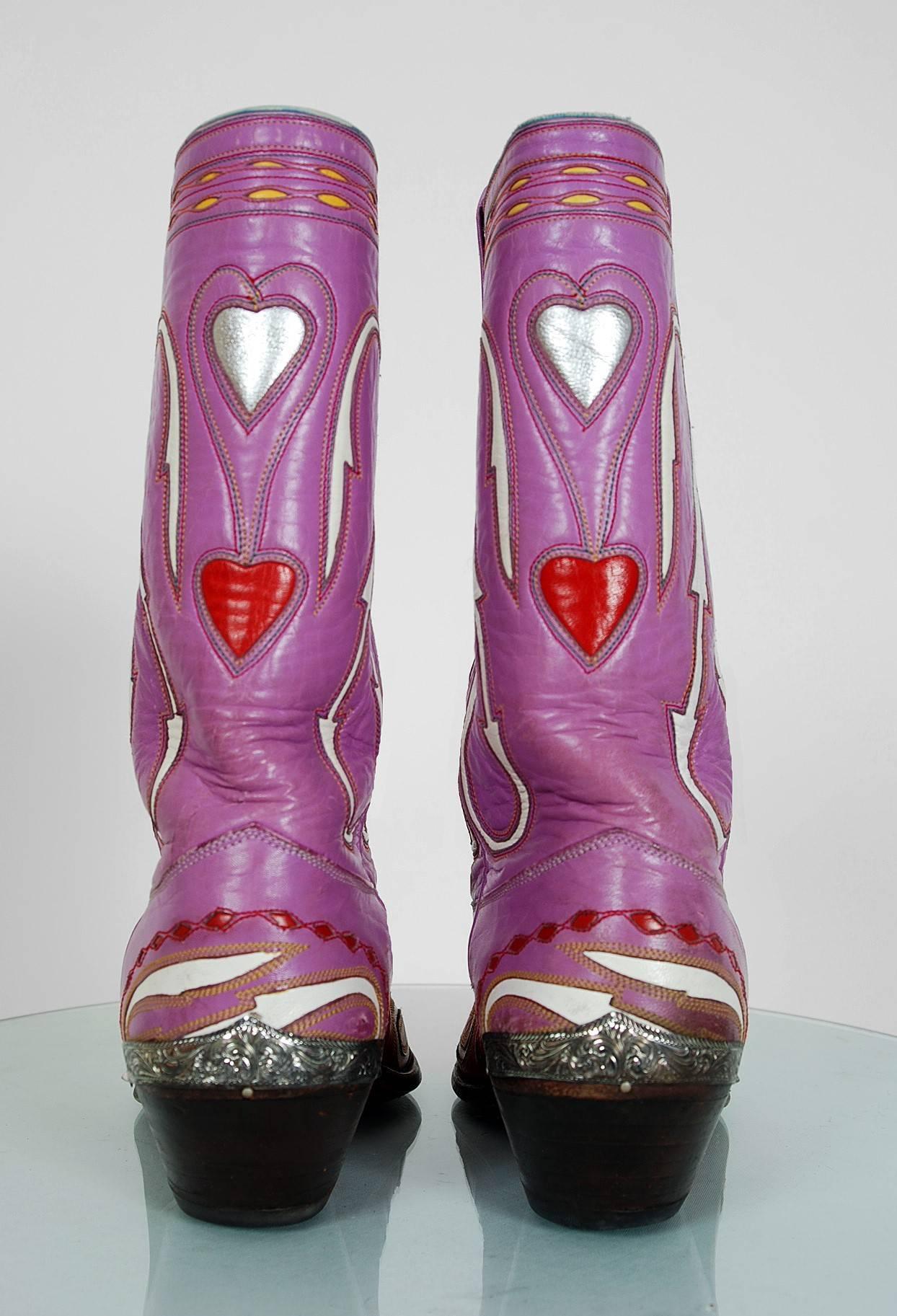 Pink 1950's Rare Nudie's Rodeo Tailor Novelty Hearts Purple Red Leather Cowboy Boots