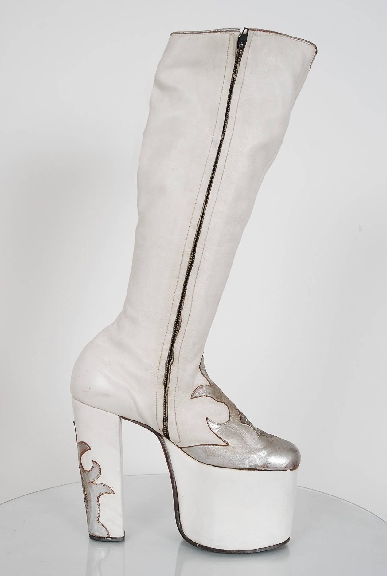 Women's or Men's 1970's White Leather & Silver Glitter Novelty Capricorn Platform Glam-Rock Boots