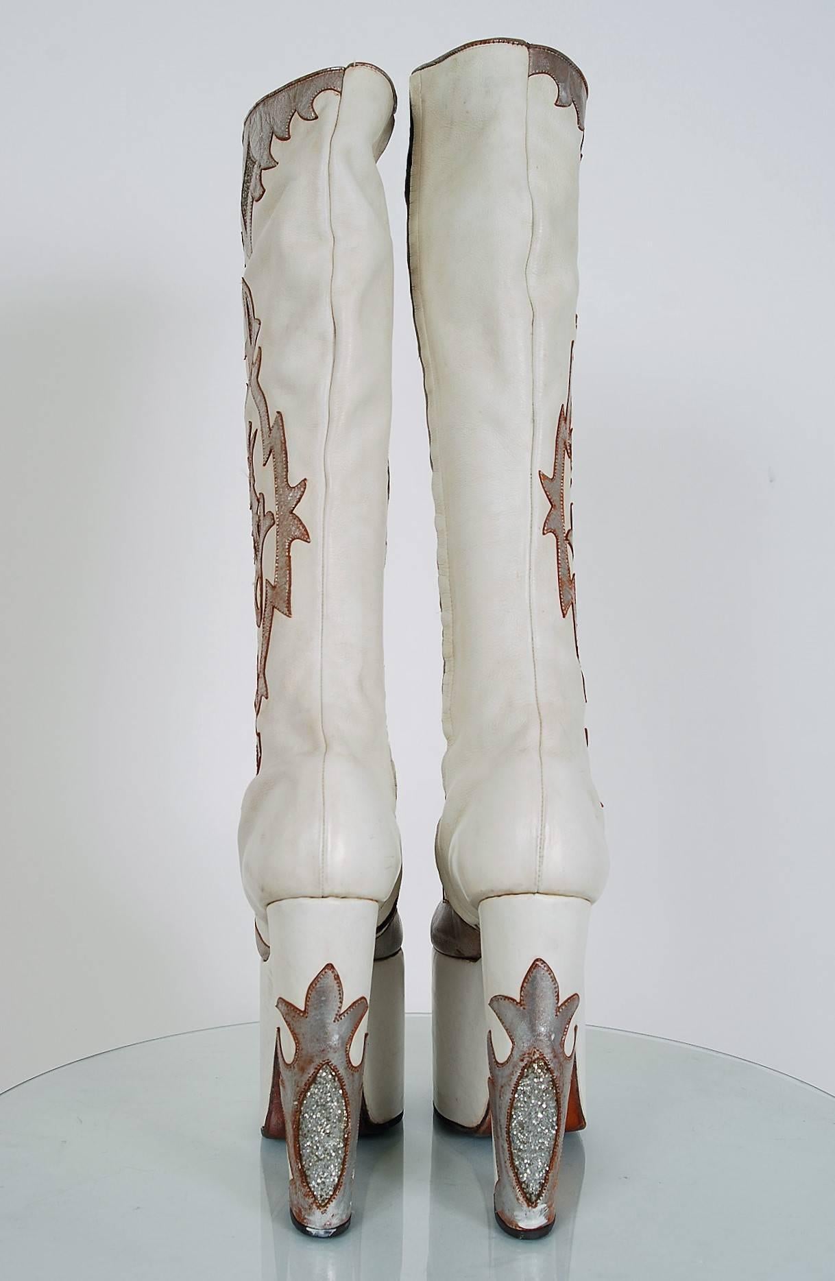 Gray 1970's White Leather & Silver Glitter Novelty Capricorn Platform Glam-Rock Boots