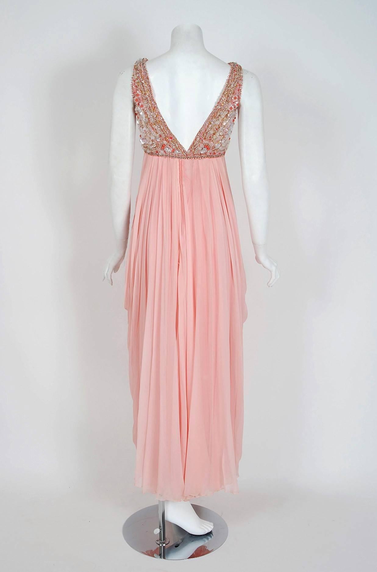 1960's Helen Rose Beaded Rhinestone Pink Chiffon Draped Grecian Goddess Dress In Good Condition In Beverly Hills, CA