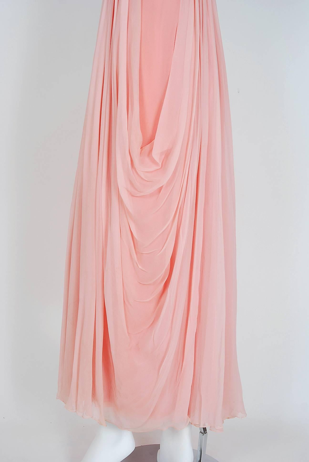 Beige 1960's Helen Rose Beaded Rhinestone Pink Chiffon Draped Grecian Goddess Dress
