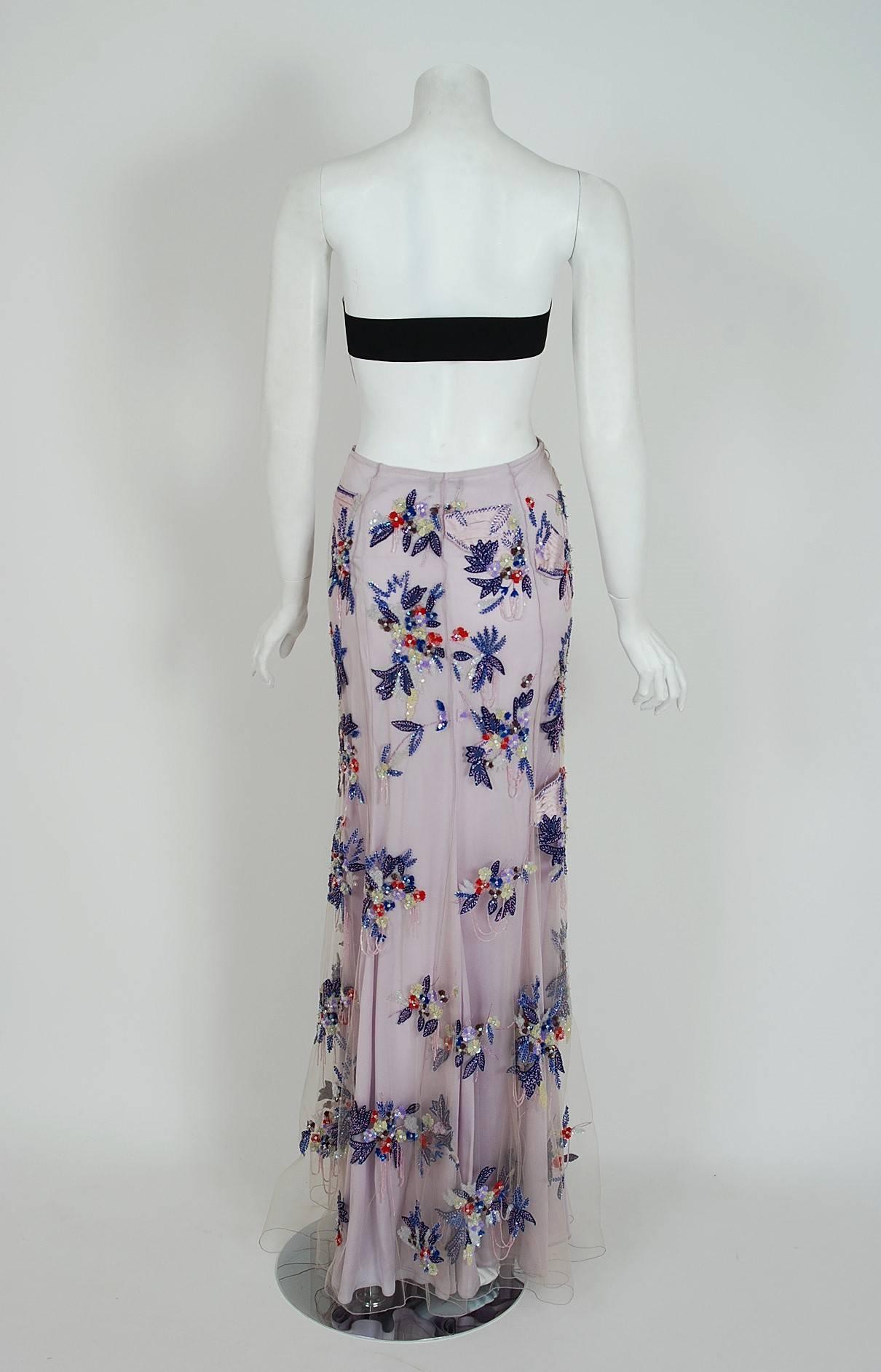 Vintage 1998 Giorgio Armani Beaded Lilac Floral Strapless Cut-Out Backless Gown In Good Condition In Beverly Hills, CA