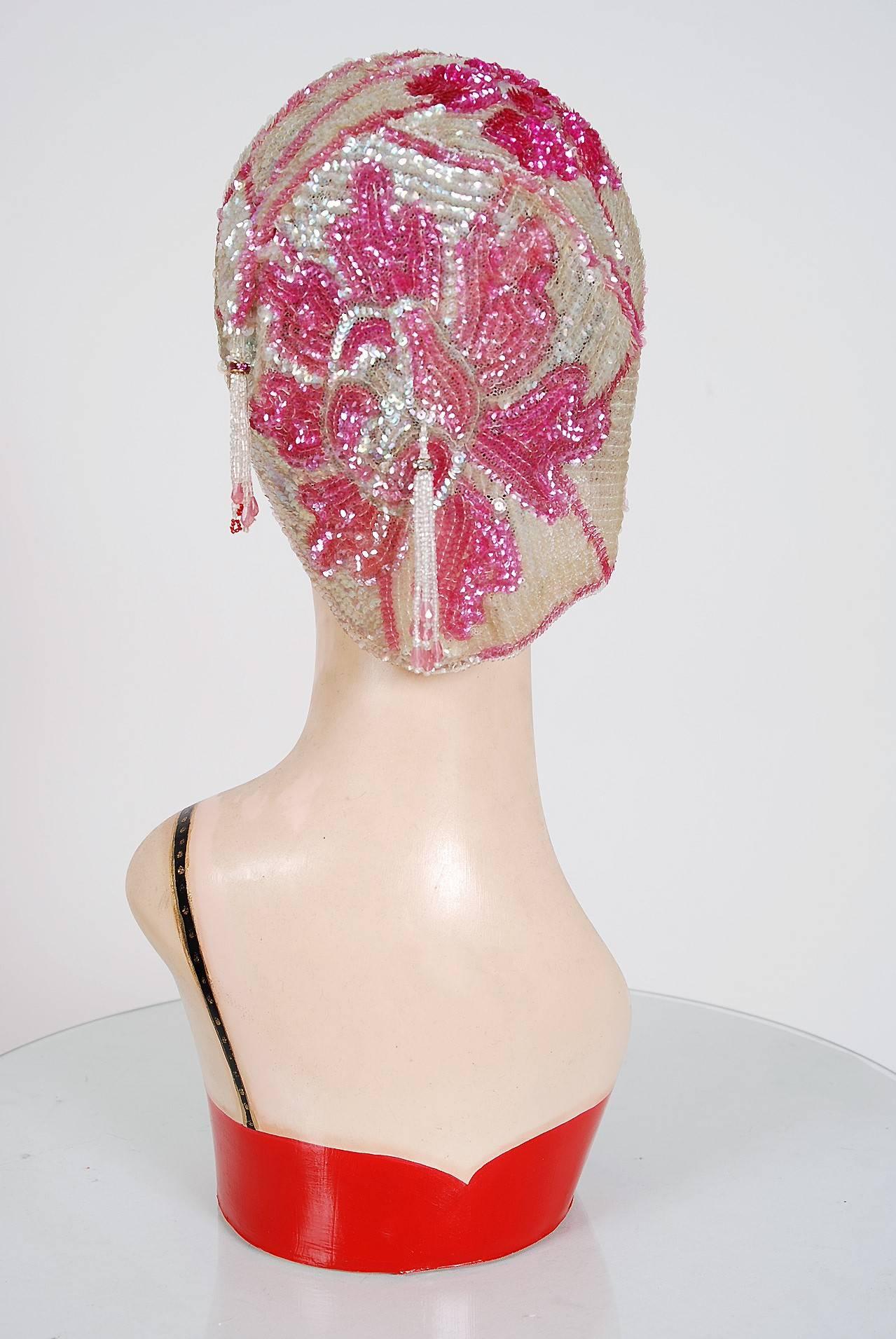 Women's or Men's Vintage 1920's French Pink Floral-Motif Sequin Beaded Flapper Cloche Headpiece