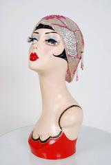 Vintage 1920's French Pink Floral-Motif Sequin Beaded Flapper Cloche Headpiece