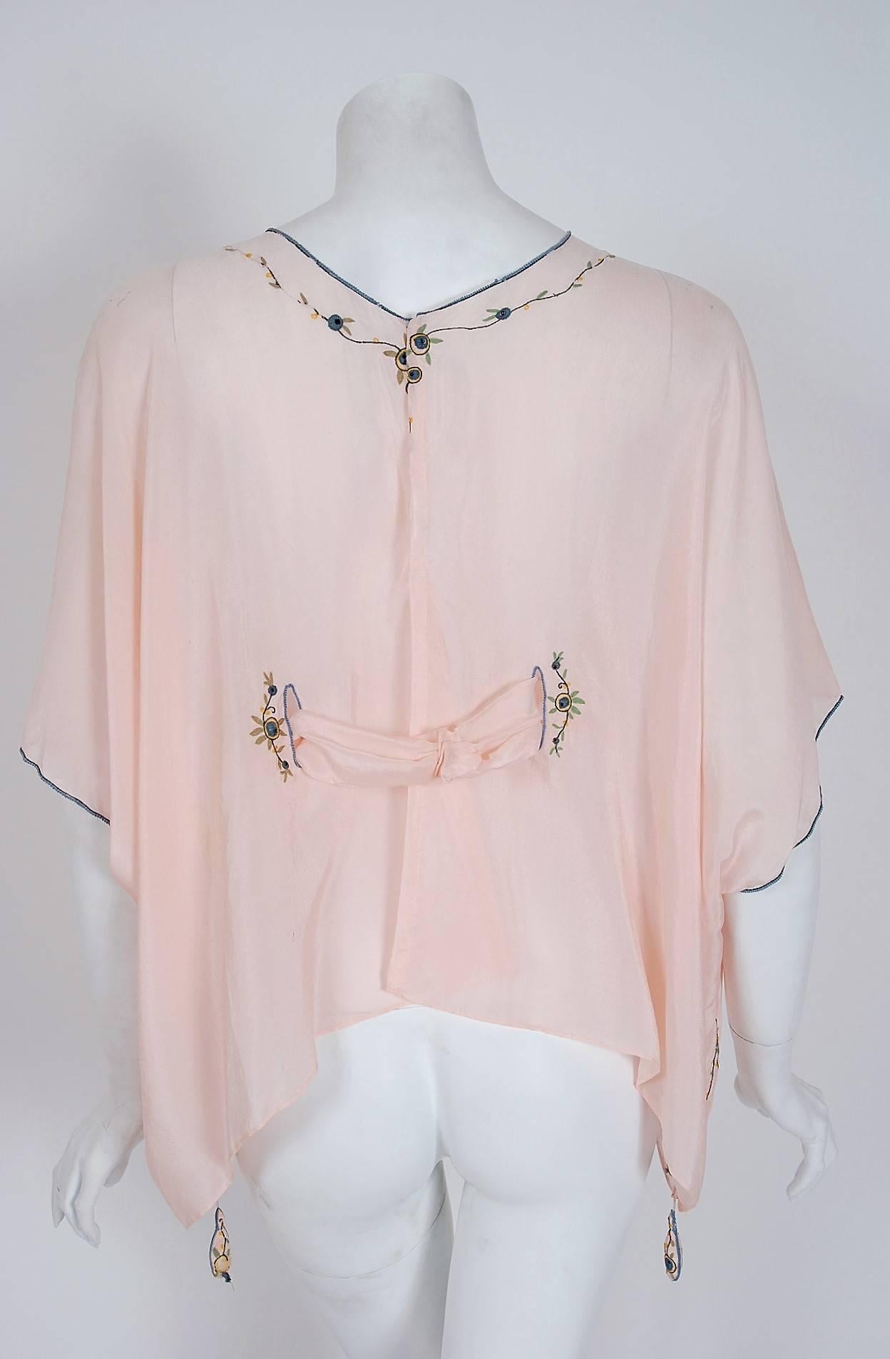 1920's Liberty Couture Baby-Pink Silk Embroidered Floral Art-Deco Caftan Blouse 1
