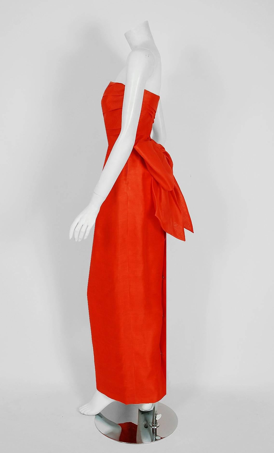 Red 1983 Christian Dior Haute-Couture Orange Strapless Pleated Silk Hourglass Gown