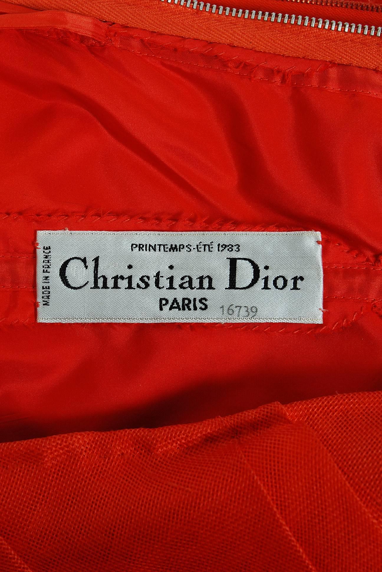 Women's 1983 Christian Dior Haute-Couture Orange Strapless Pleated Silk Hourglass Gown