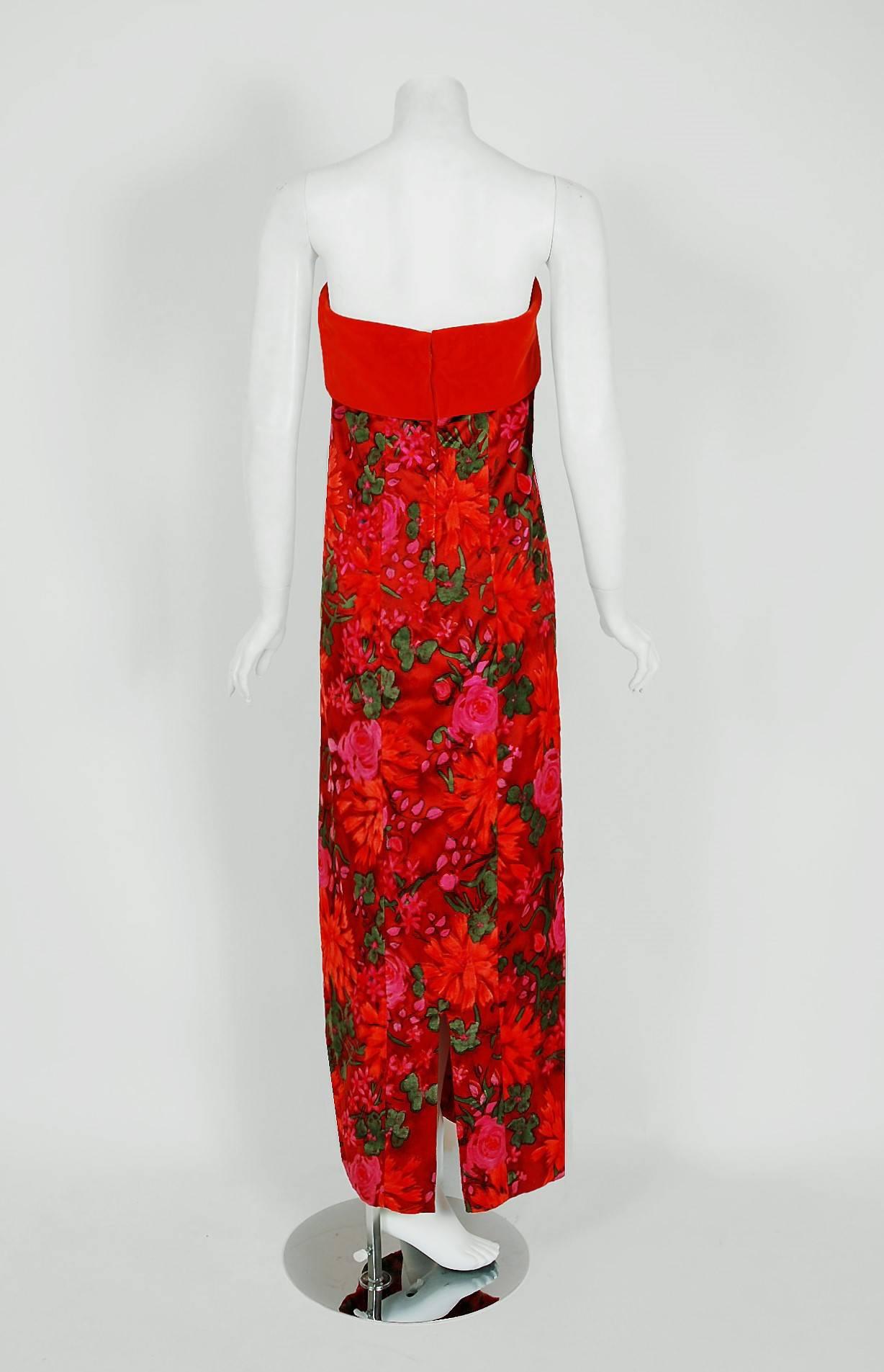 Vintage 1960's Bob Bugnand Red & Orange Floral Flocked Satin Strapless Gown  In Good Condition For Sale In Beverly Hills, CA