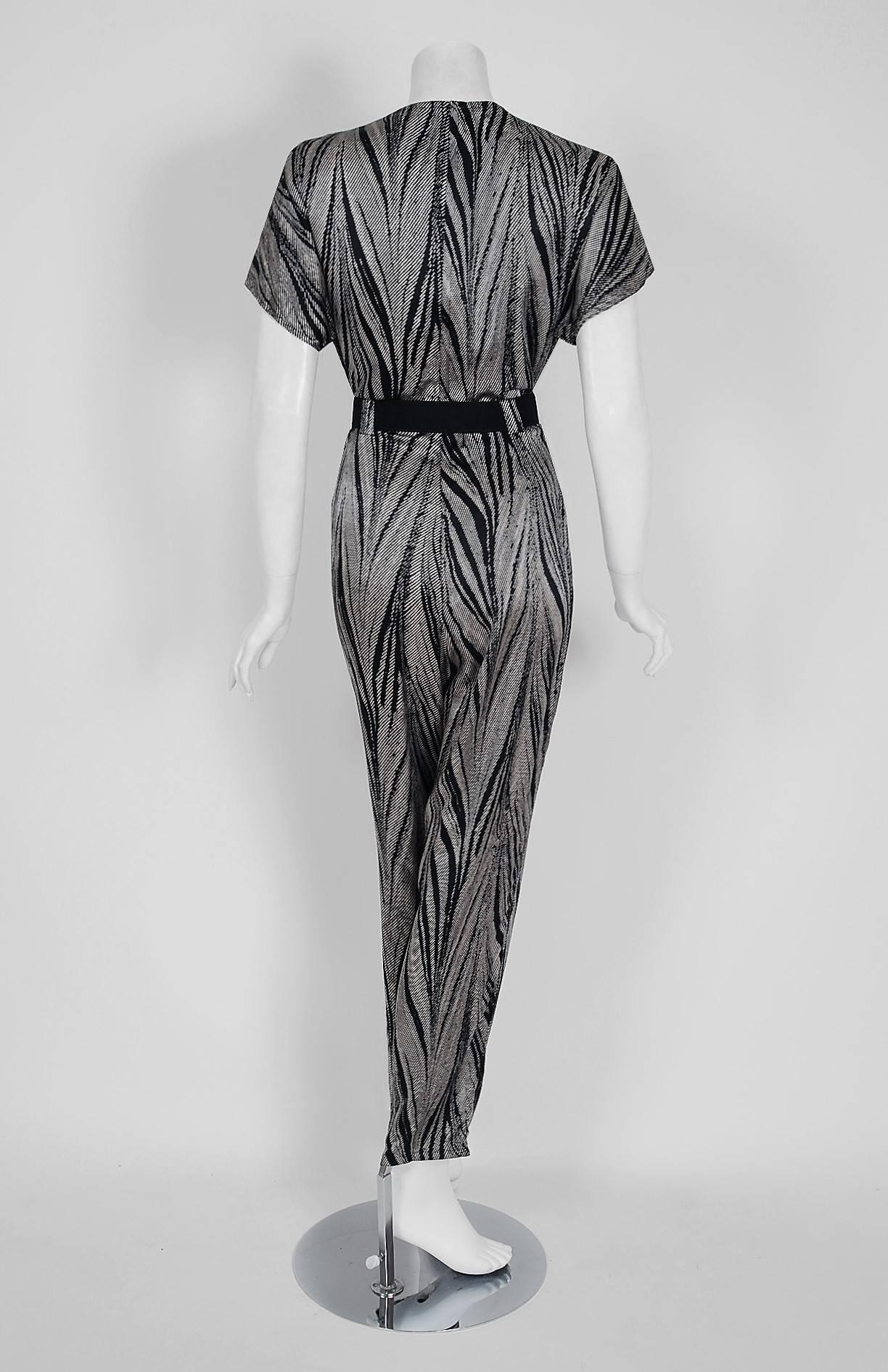 Women's 1989 Gianni Versace Black & Ivory Zebra Stripe Print Silk Hourglass Jumpsuit 