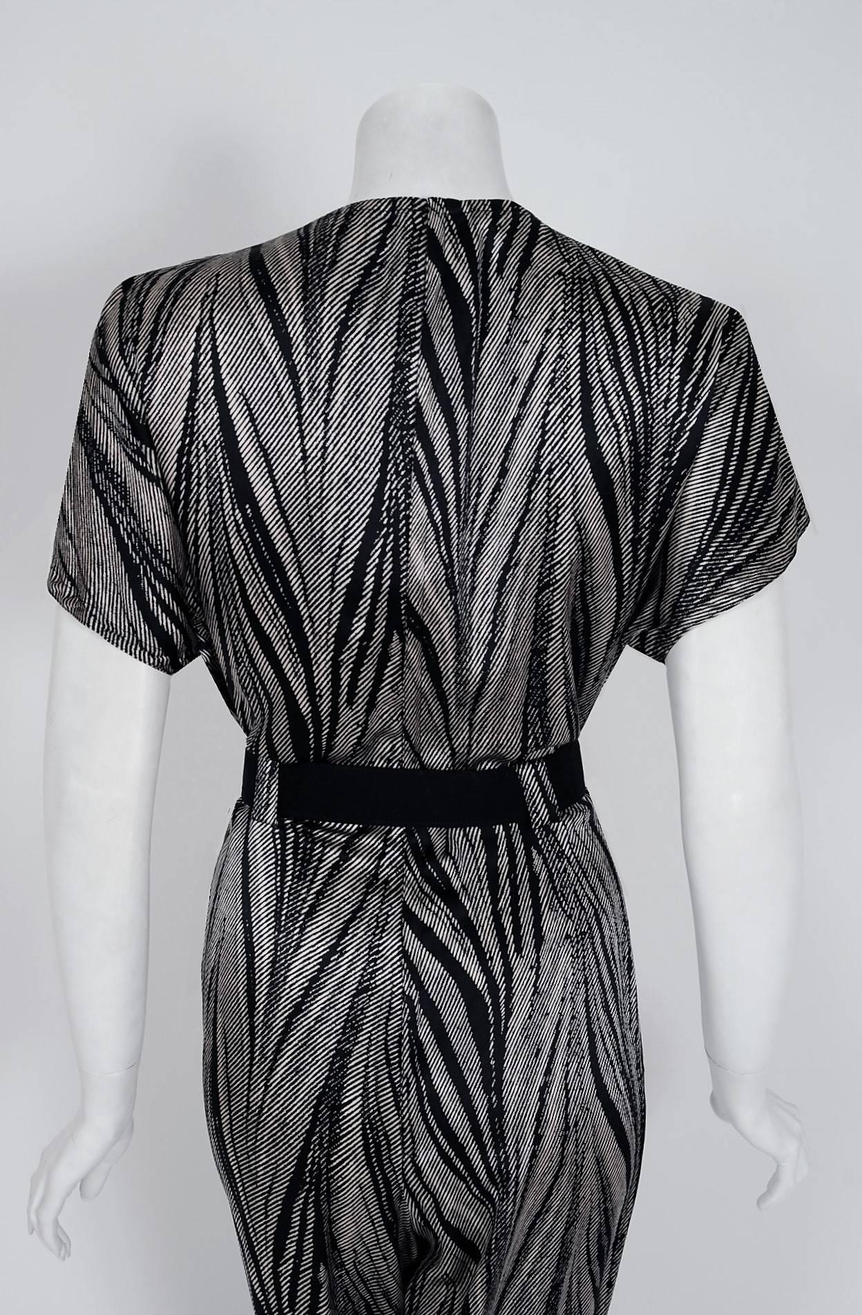 1989 Gianni Versace Black & Ivory Zebra Stripe Print Silk Hourglass Jumpsuit  1